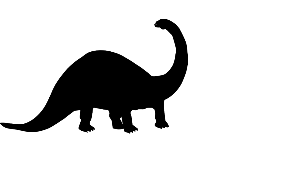 Two long-necked dinosaurs, one white, one black, with their necks interlocked