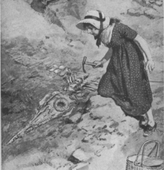 Illustration of a young Anning unearthing a fossil skeleton with a small rock hammer. She is wearing a dress and a hat.