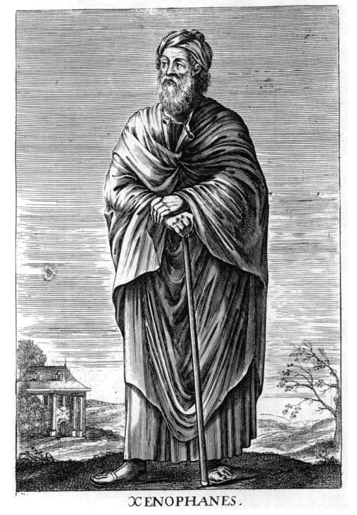 Illustration of Xenophanes. He's wearing a long toga-like robe and holds a walking stick