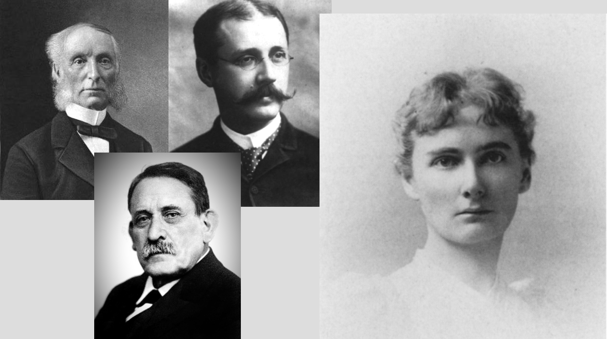 A group of three portraits of men on the left and a young woman on the right.