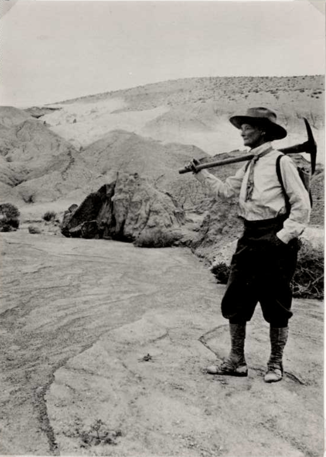 A woman with a hat wearing field gear and boots holding a large pick and looking into the distance.