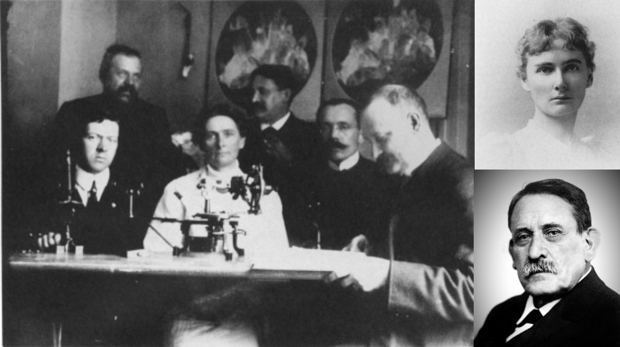 Old photo of a woman and five men near lab equipment with portraits of young woman and man with mustache