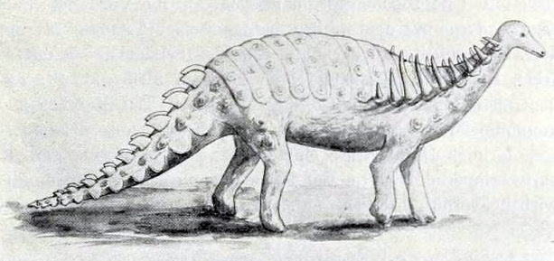 A hand drawn sketch of a dinosaur with armored plates and spikes on its back and tail