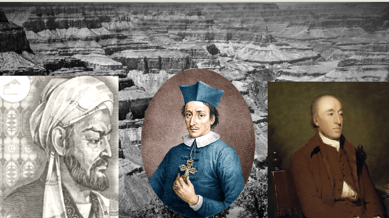 Portraits of Ibn Sina, Nicolas Steno, and James Hutton. The background is a picture of layered rocks from the Grand Canyon