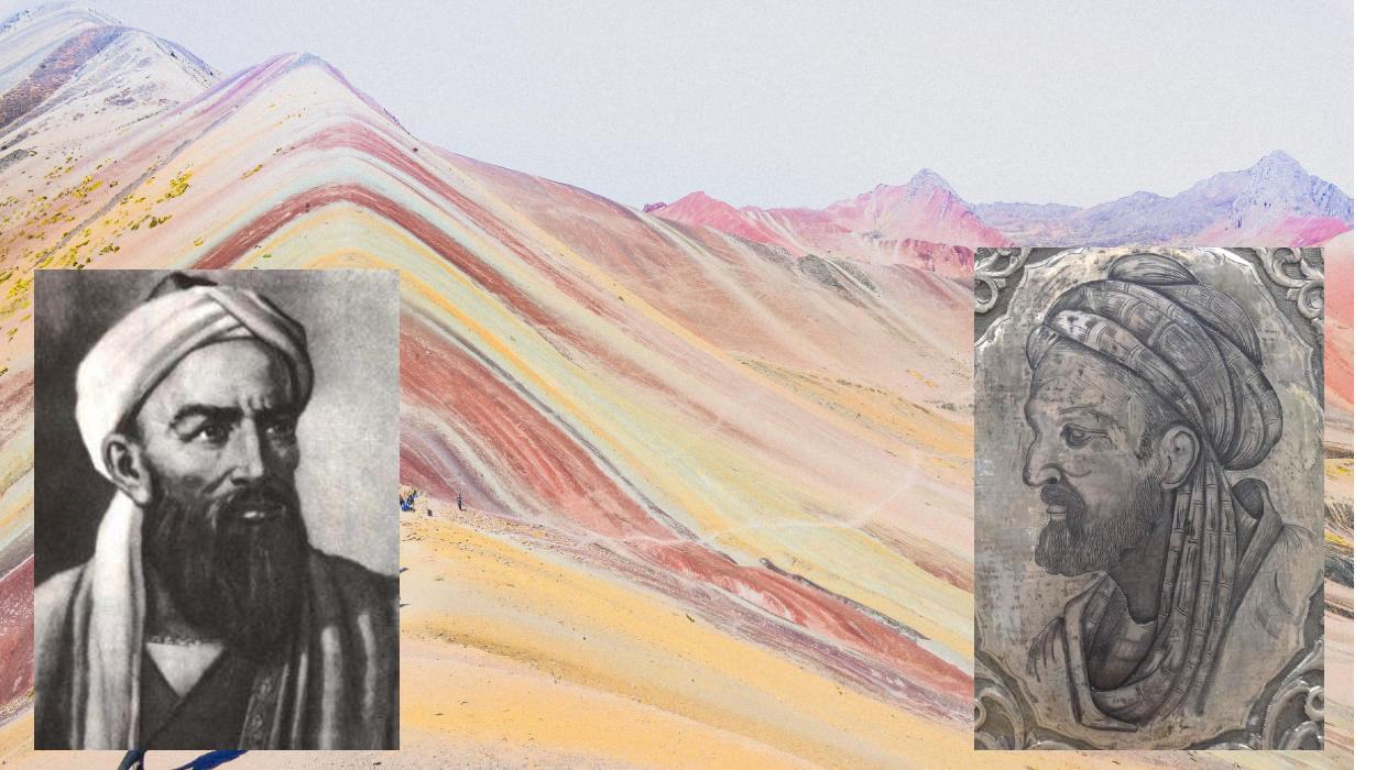 Two portraits of men wearing turbans, one on the left the other on the right. In the background is a colorful, banded rock formation