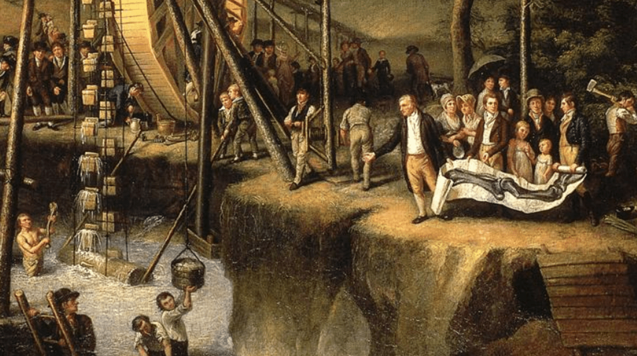 A large team of people excavates a fossil while a paleontologist looks on